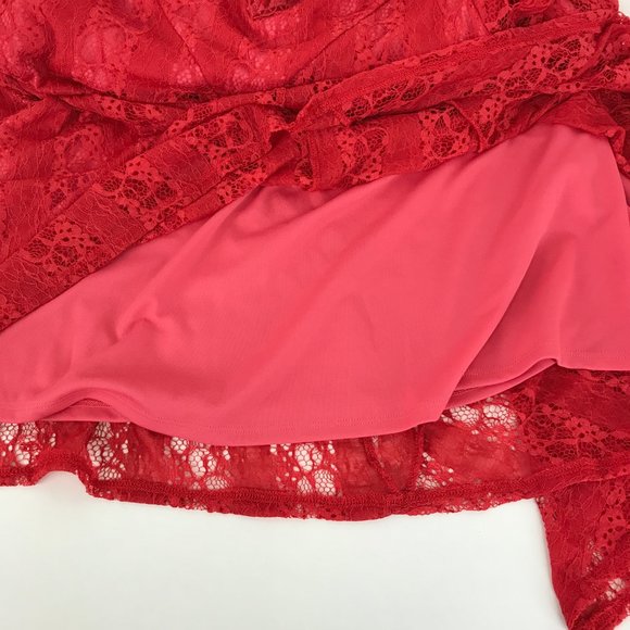 One World V-Neck Asymmetrical Dress Women's Medium Red Pink Lace Lined Stretch - Picture 6 of 12